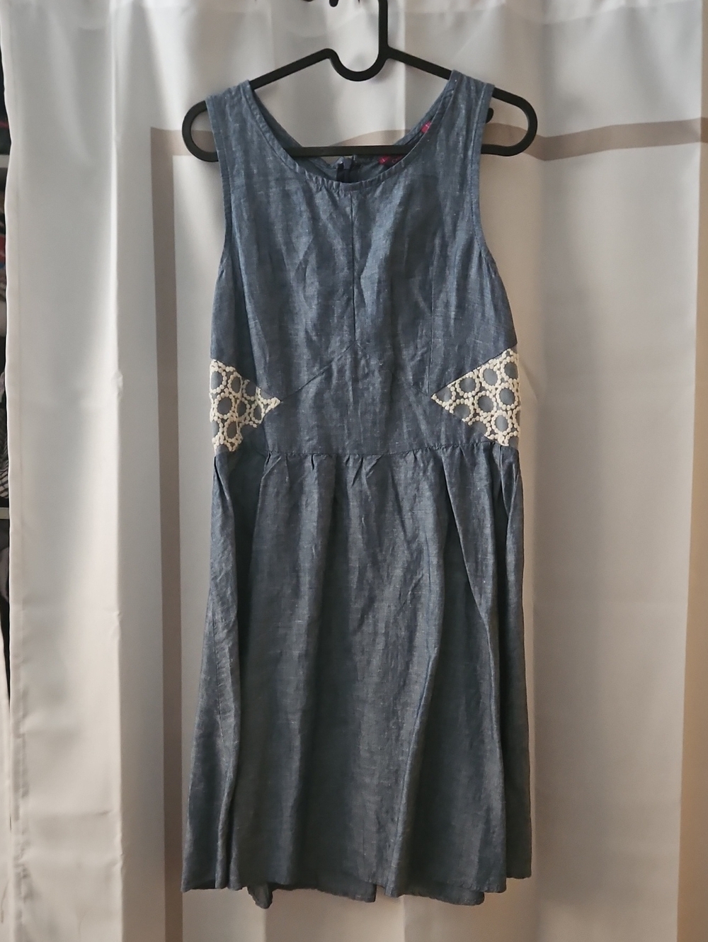 Catherine Malandrino Chambray Blue Sleeveless Dress with Cream Lace Insets